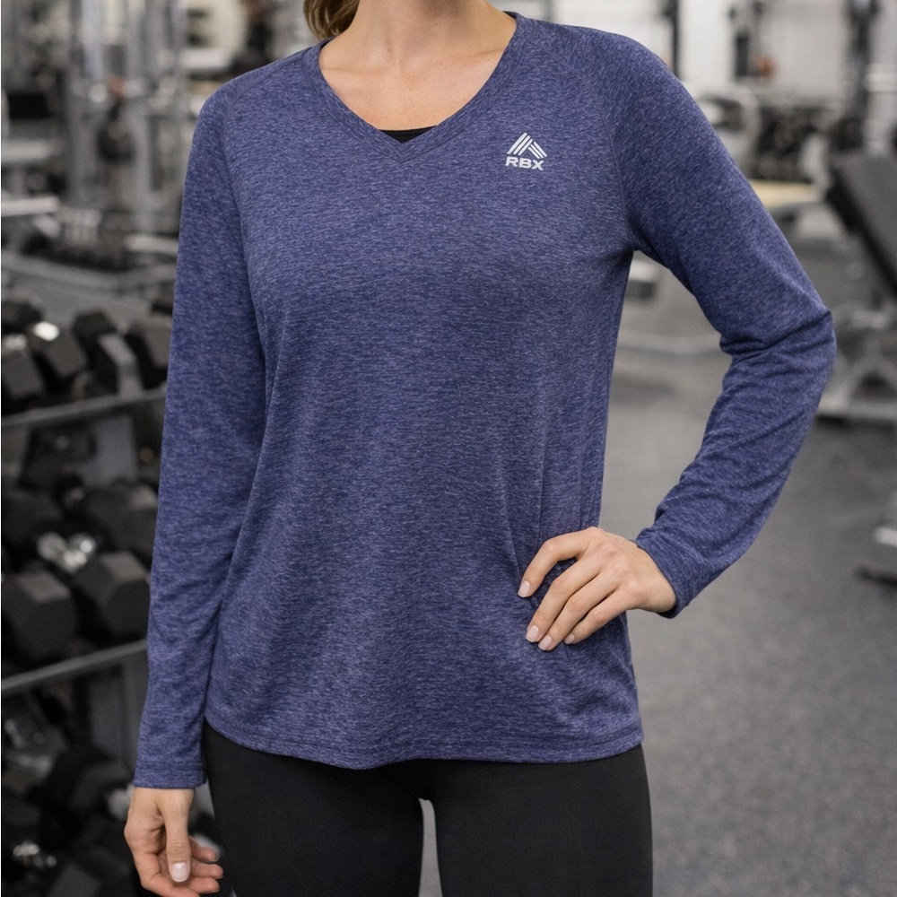RBX Women’s Heathered Blue Long Sleeve Performance Top | Moisture Wicking Large
